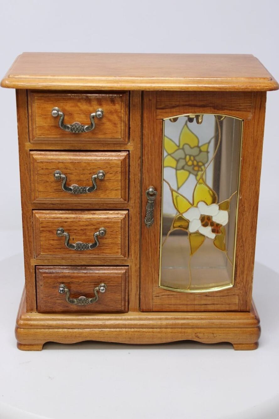 Vintage Armoire Wooden Jewelry Box 4 Drawers Floral Painted Glass Door 9x10"